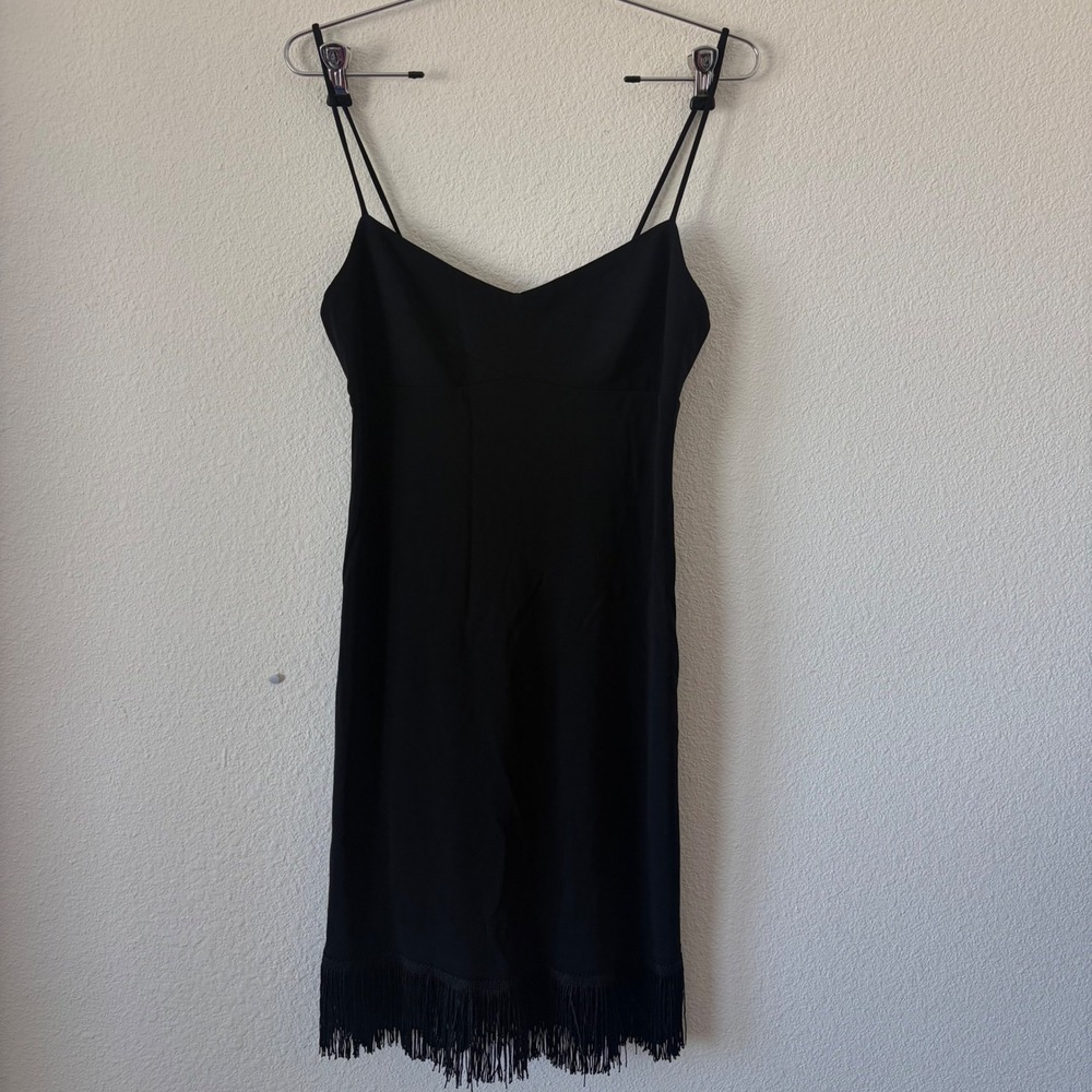 BCBG Dresses Cocktail Dress Women S Black Fringe Hem Y2K Spaghetti Strap JY6386
